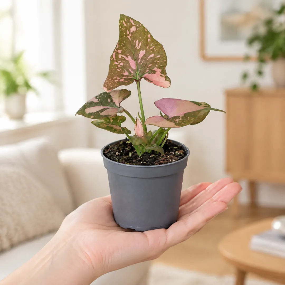 Syngonium Pink Splash im 6-cm-Anzuchttopf auf einer Handfläche als Größenvergleich
