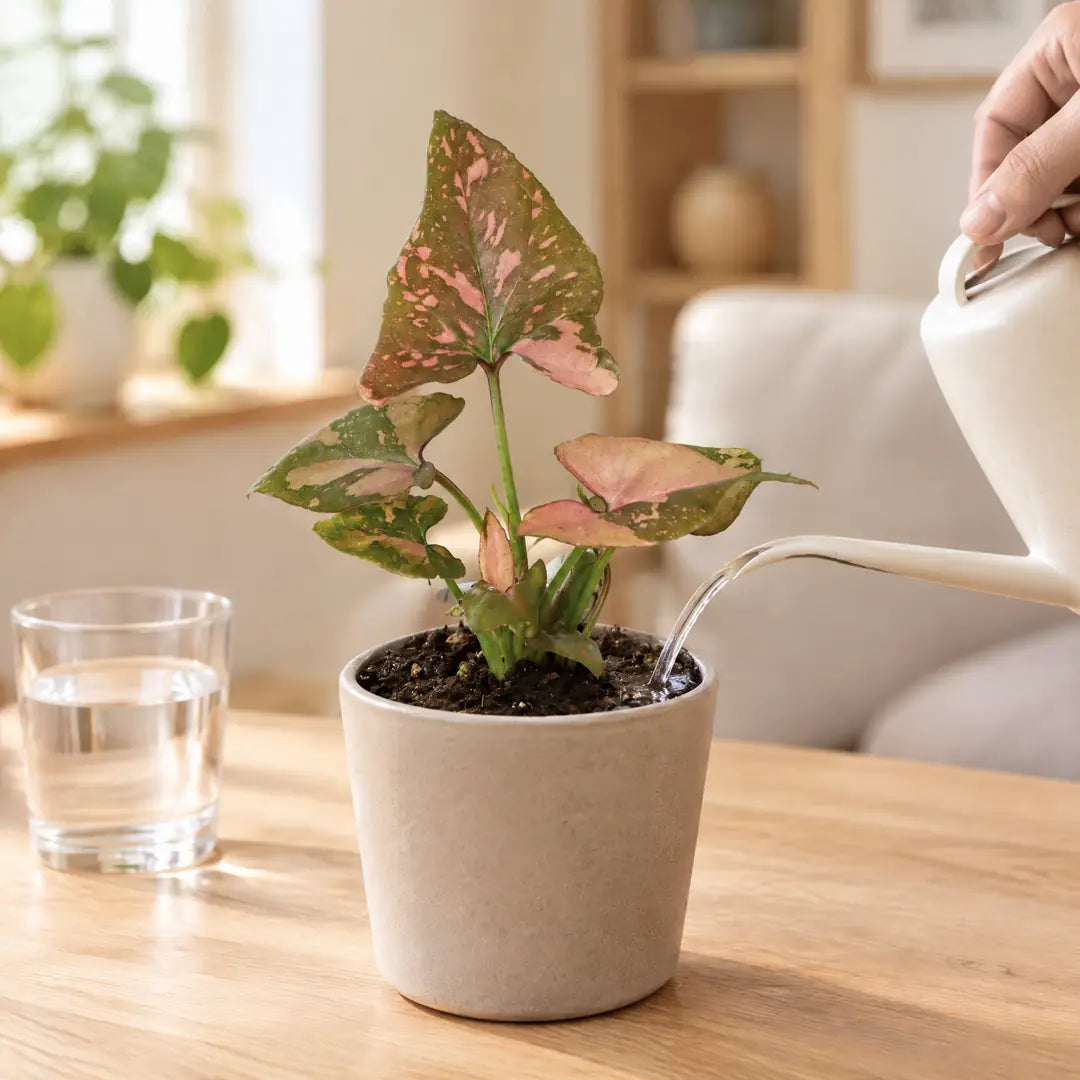 Syngonium Pink Splash wird mit einer weißen Gießkanne an der Erde gegossen
