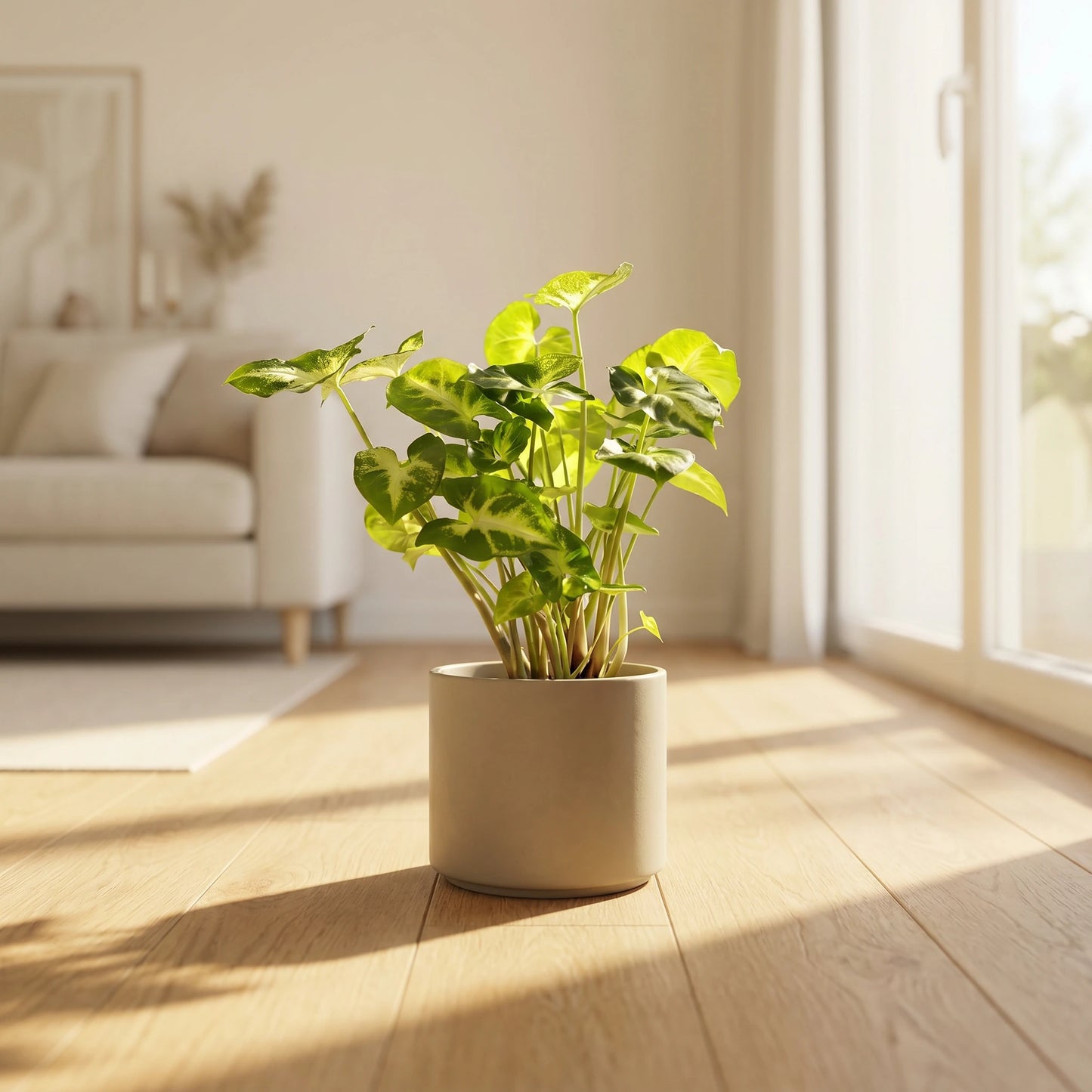 Syngonium Pixie (Pfeilpflanze) im beigen Übertopf auf hellem Holzboden in einem hellen Scandi-Wohnzimmer