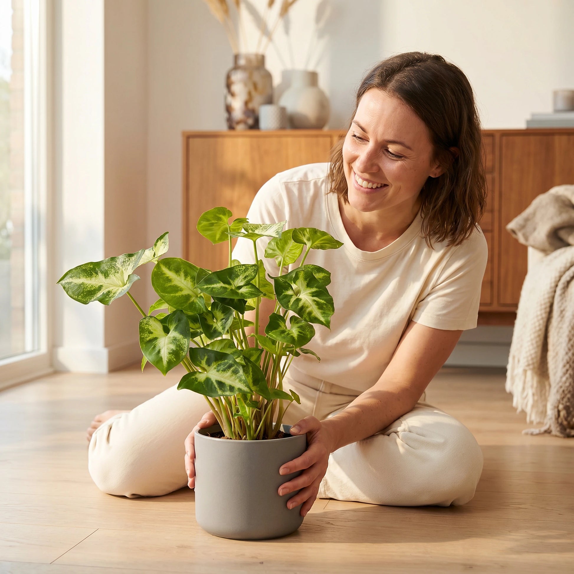 Frau arrangiert lächelnd eine Syngonium Pixie im grauen Übertopf im Wohnzimmer