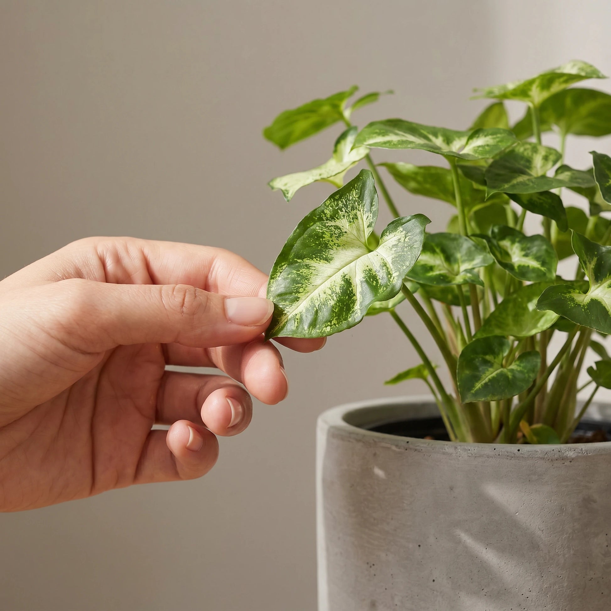 Hand berührt sanft ein Blatt der Syngonium Pixie im grauen Beton-Übertopf