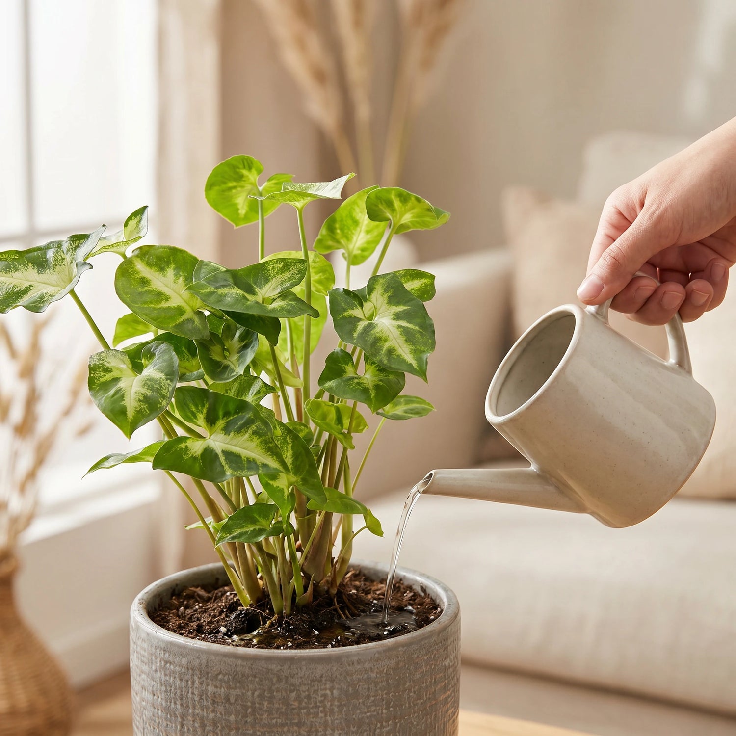 Syngonium Pixie wird mit einer Gießkanne gegossen – Pflegemoment