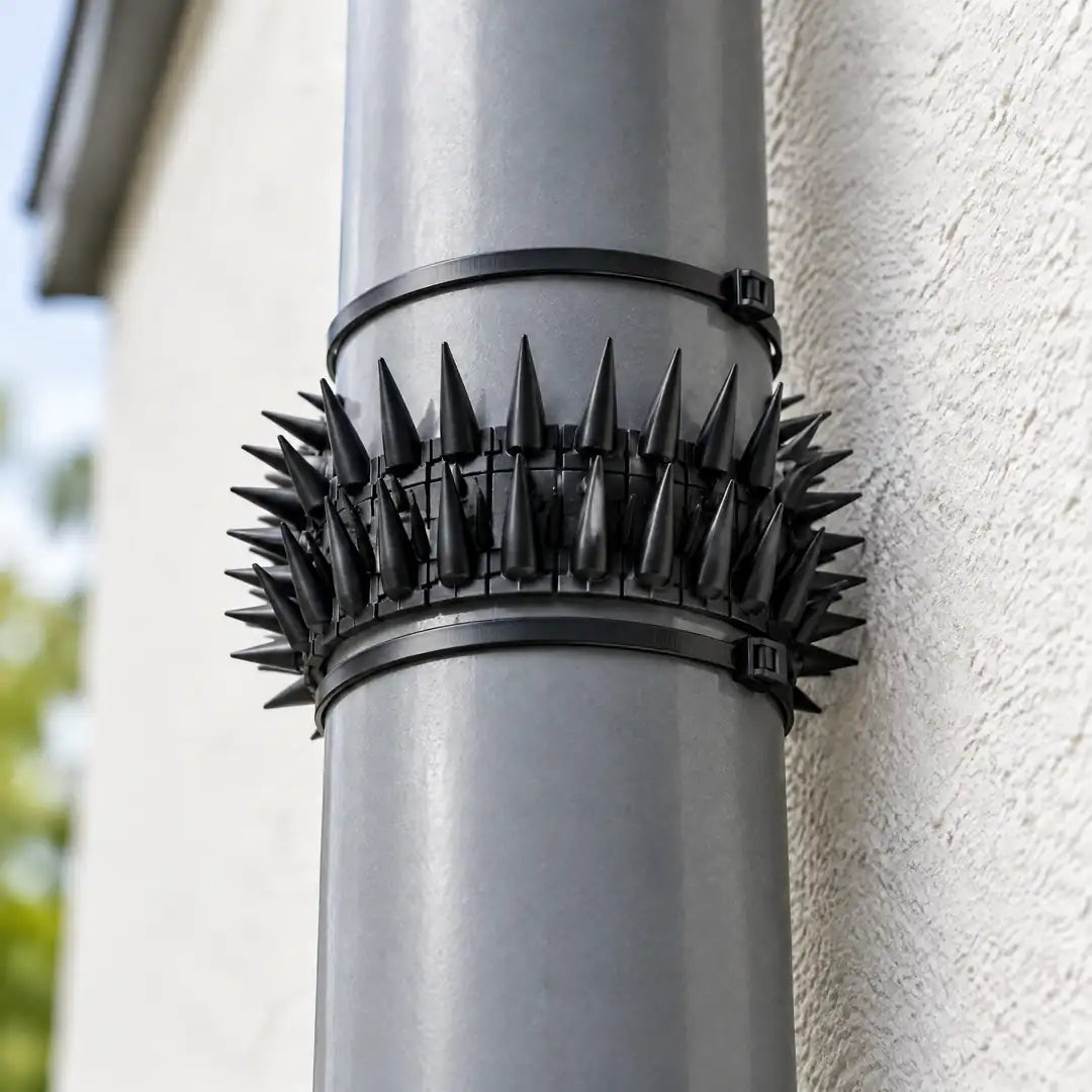Spikeleiste mit Kabelbindern um ein Fallrohr gelegt