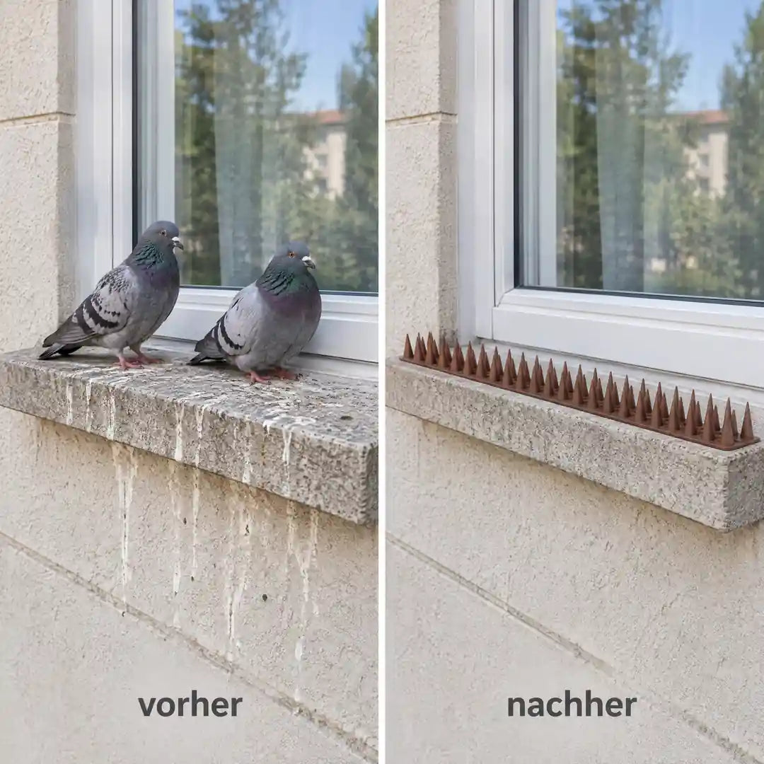 Fensterbank vorher mit Tauben und Kot, nachher sauber mit Spikes