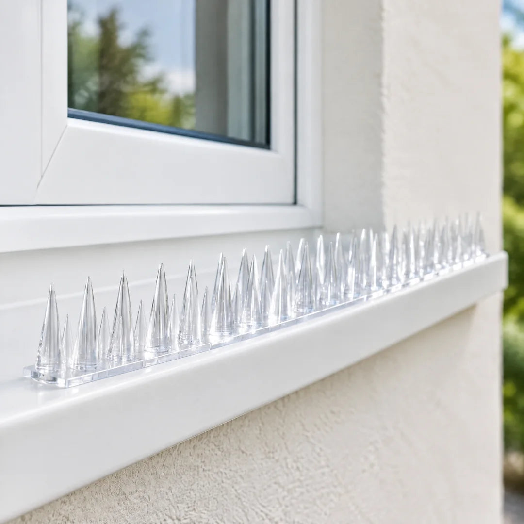 Transparente Spikeleiste auf heller Fensterbank, kaum sichtbar