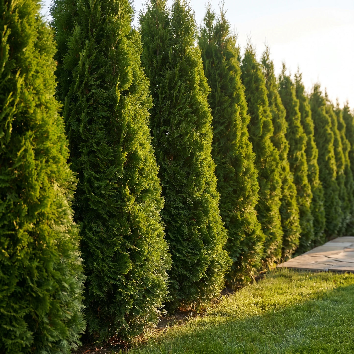 Dichte immergrüne Hecke aus Thuja occidentalis Smaragd als blickdichter Sichtschutz in einem sonnigen Garten