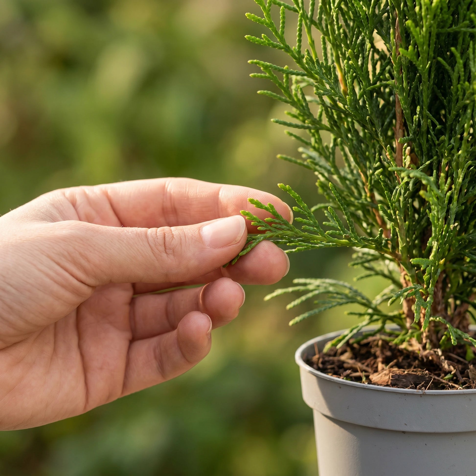 Hand berührt die frischgrüne Triebspitze einer jungen Thuja occidentalis Smaragd im grauen Topf