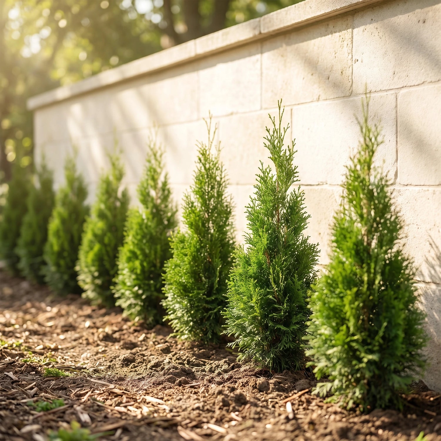 Junge Thuja occidentalis Smaragd Heckenpflanzen an einem sonnigen Standort entlang einer Gartenmauer