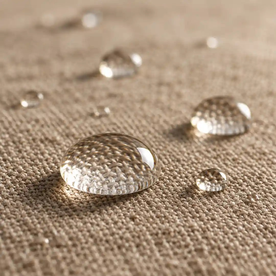 Wassertropfen perlen auf der Oberfläche der Tischdecke ab, ohne einzuziehen