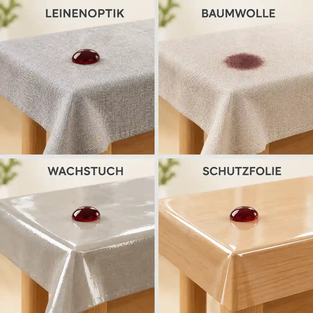 Vergleich: Leinenoptik, Baumwolle, Wachstuch und Schutzfolie mit je einem Rotweintropfen