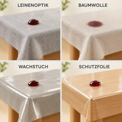 Vergleich: Leinenoptik, Baumwolle, Wachstuch und Schutzfolie mit je einem Rotweintropfen