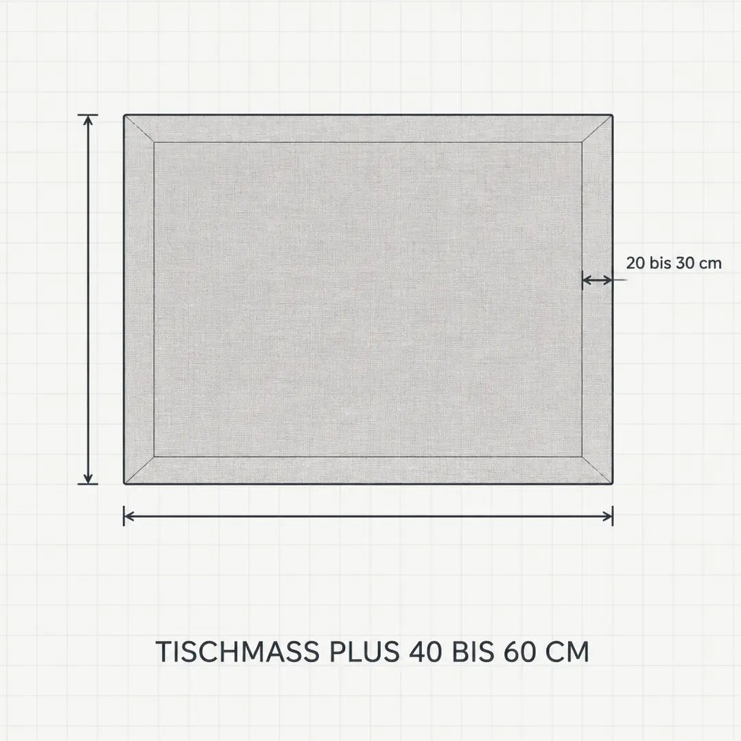 Größenberatung: Tischmaß plus 40 bis 60 cm ergibt 20 bis 30 cm Überhang je Seite
