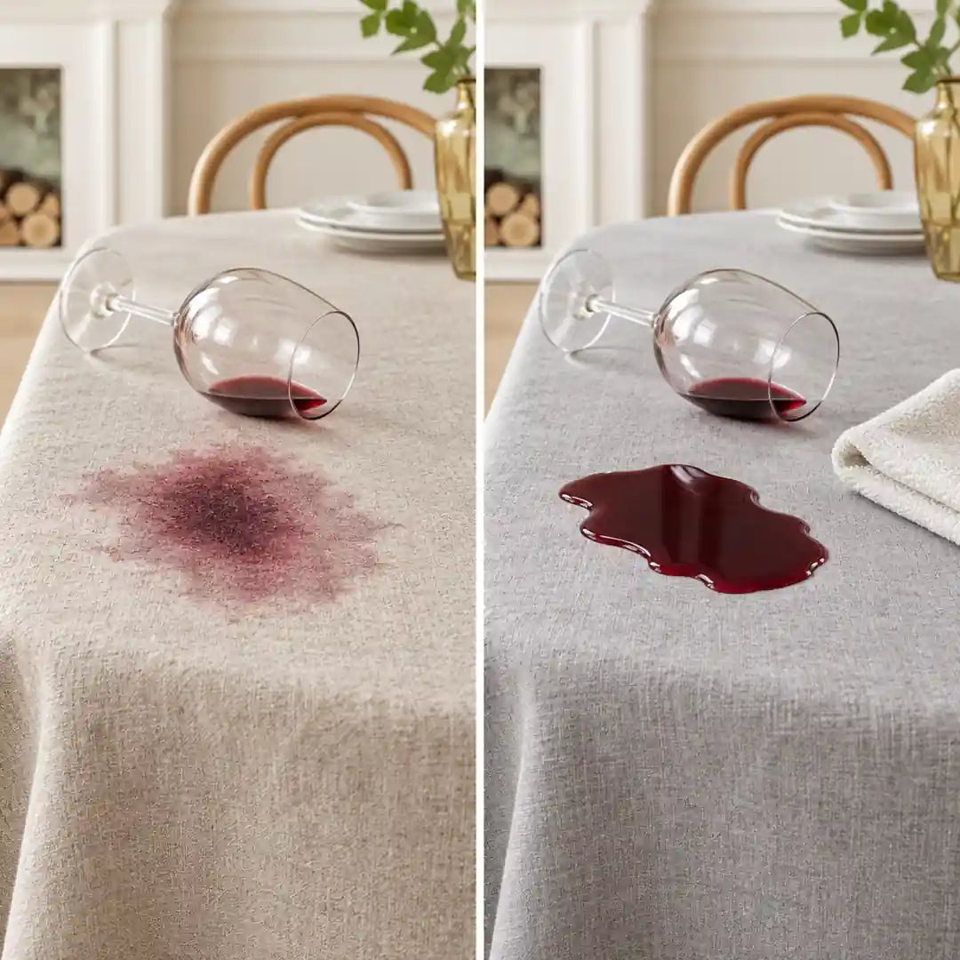 Vorher und nachher: eingezogener Rotweinfleck auf Baumwolle gegenüber abperlendem Rotwein auf der beschichteten Decke