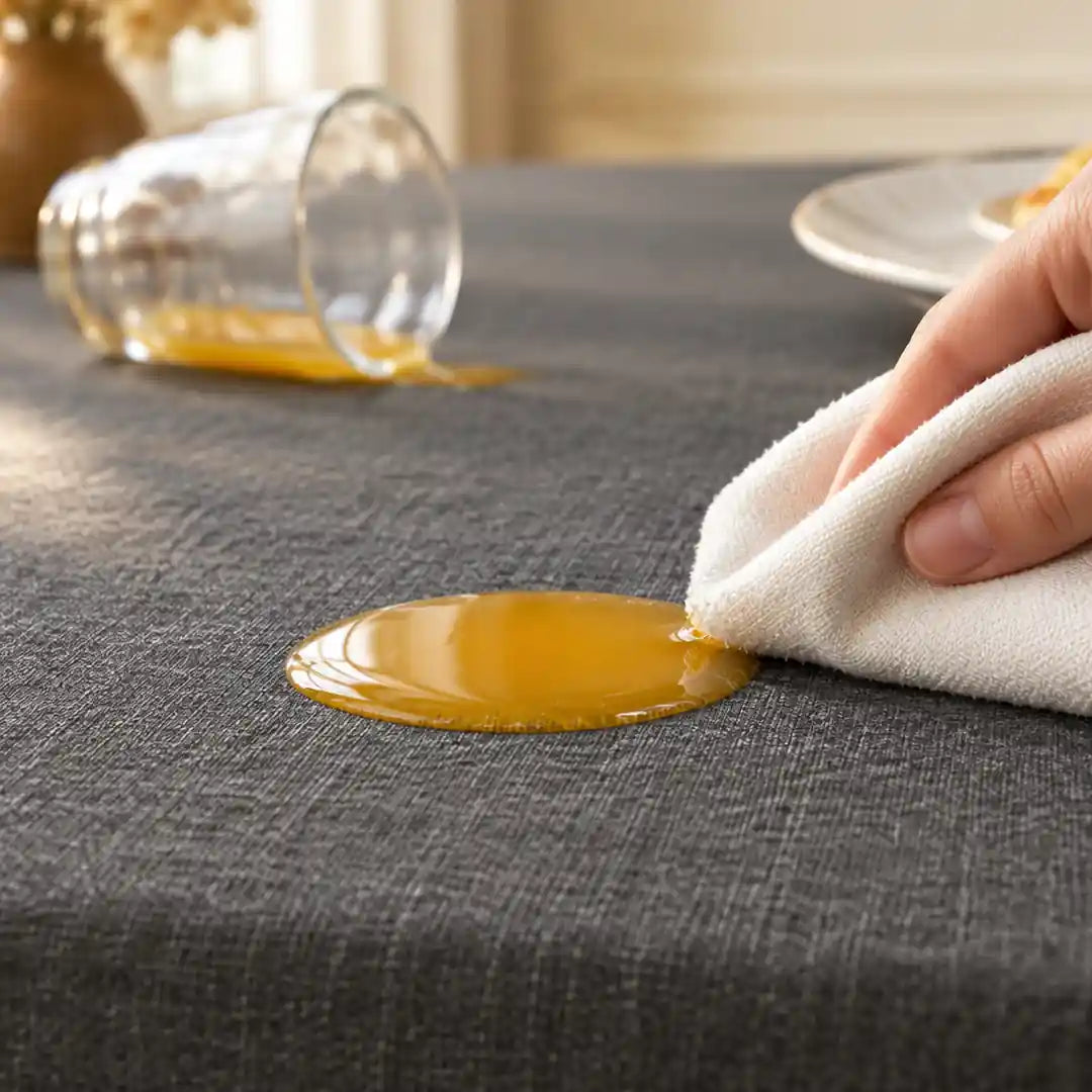 Verschüttetes bleibt oben – Orangensaft steht als Lache auf der dunkelgrauen Decke und wird mit einem Tuch abgenommen