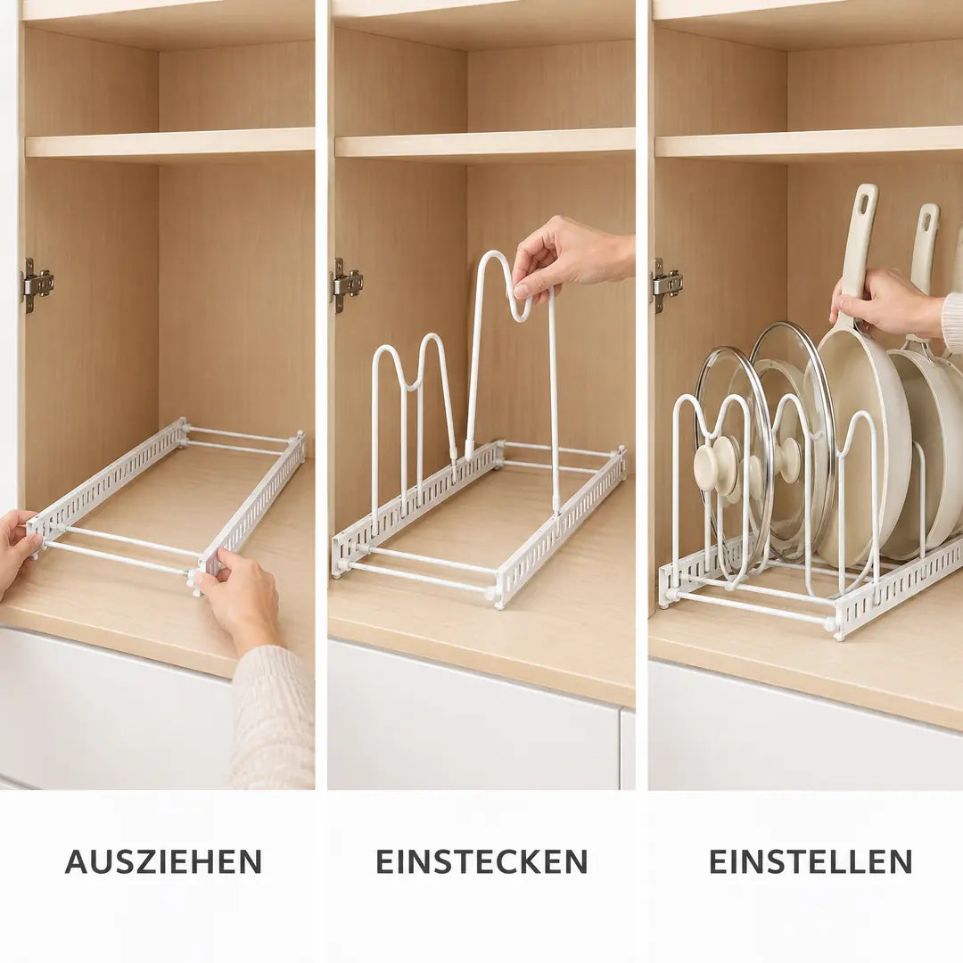 Topfdeckelhalter anwenden in drei Schritten: ausziehen, einstecken, einstellen