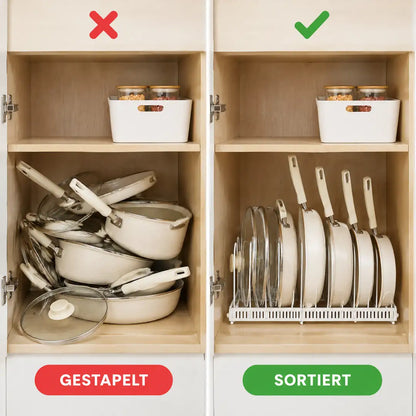 Vergleich: gestapelte Pfannen und sortierter Topfdeckelhalter im Schrank