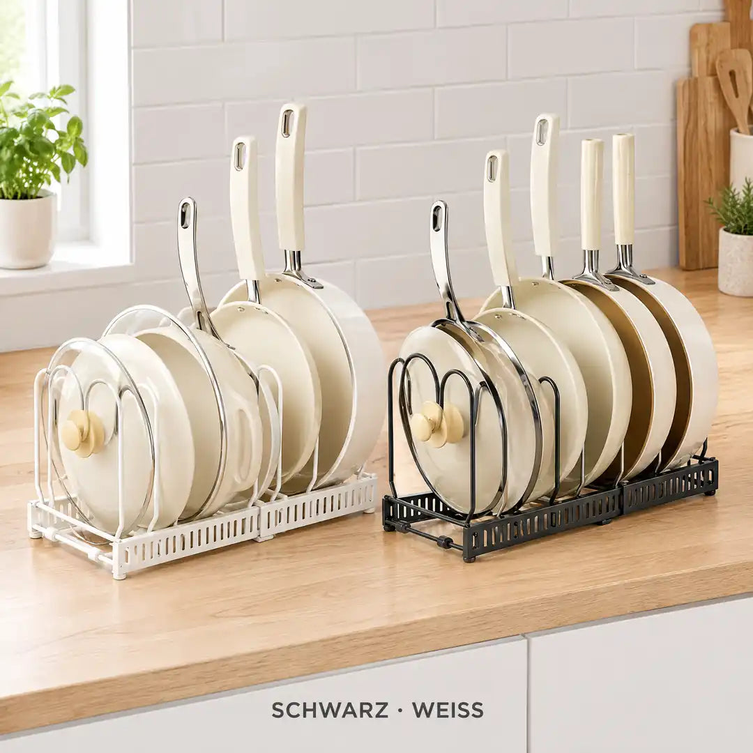 Topfdeckelhalter in Schwarz und Weiß nebeneinander