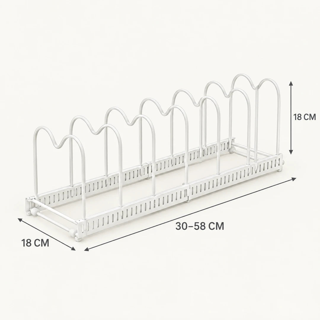 Maße des Topfdeckelhalters: 30–58 cm lang, 18 cm tief, 18 cm hoch