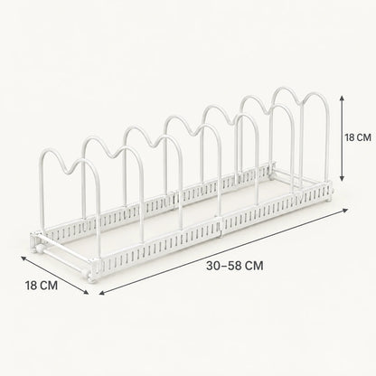 Maße des Topfdeckelhalters: 30–58 cm lang, 18 cm tief, 18 cm hoch