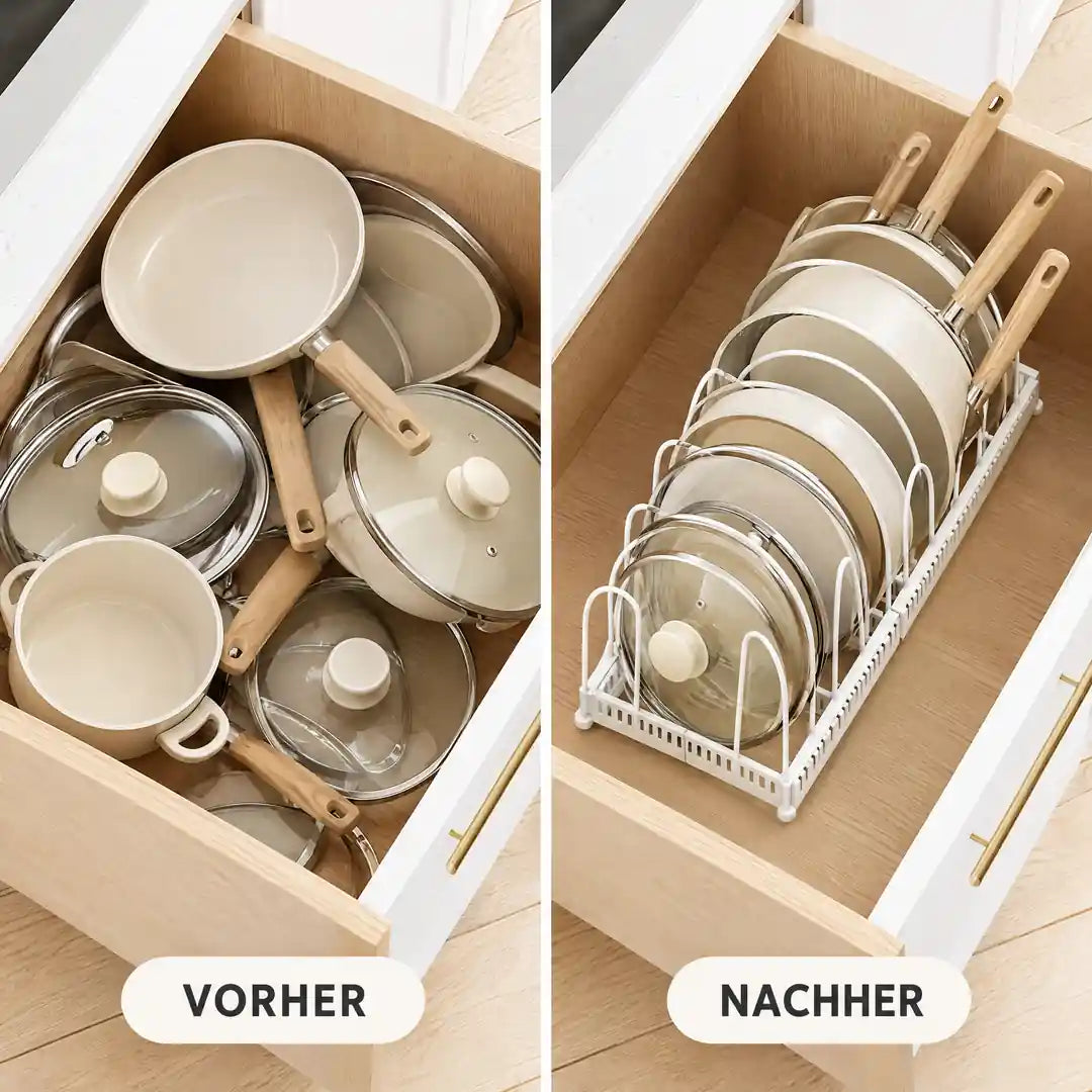 Vorher Pfannenchaos in der Schublade, nachher Pfannen im Topfdeckelhalter