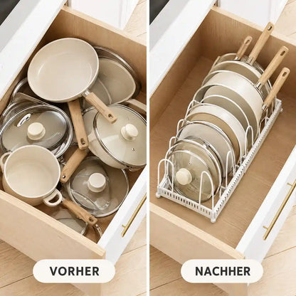Vorher Pfannenchaos in der Schublade, nachher Pfannen im Topfdeckelhalter