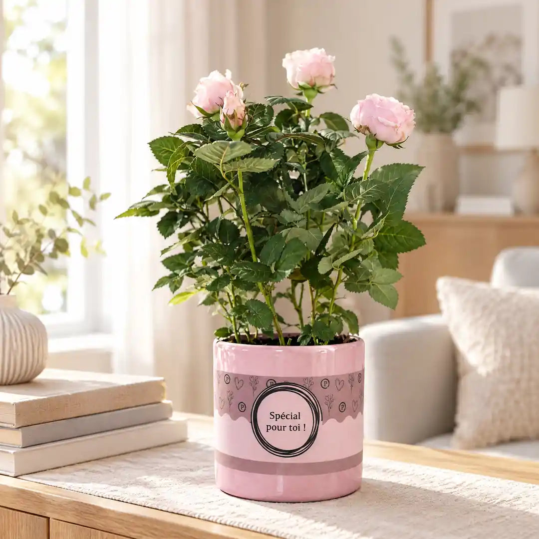 Rosa Mini-Rose im rosa Geschenktopf mit Banderole Spécial pour toi auf einem hellen Sideboard