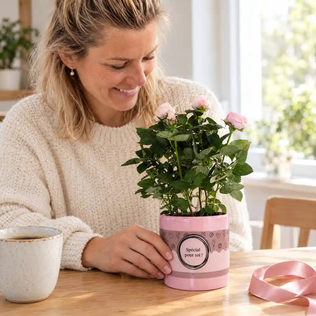 Frau freut sich am Tisch über eine rosa Rose im Topf als Geschenk, daneben ein rosa Band
