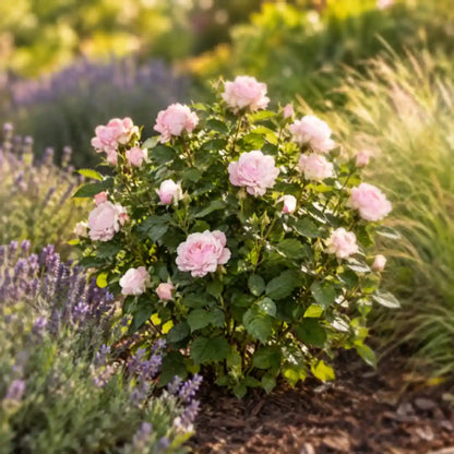 Ausgepflanzte rosa Zwergrose blüht im sonnigen Gartenbeet neben Lavendel