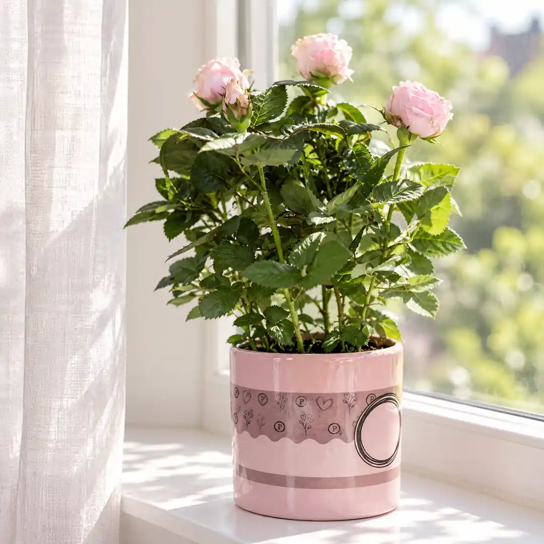 Topfrose im rosa Geschenktopf auf der hellen Fensterbank neben einer Gardine