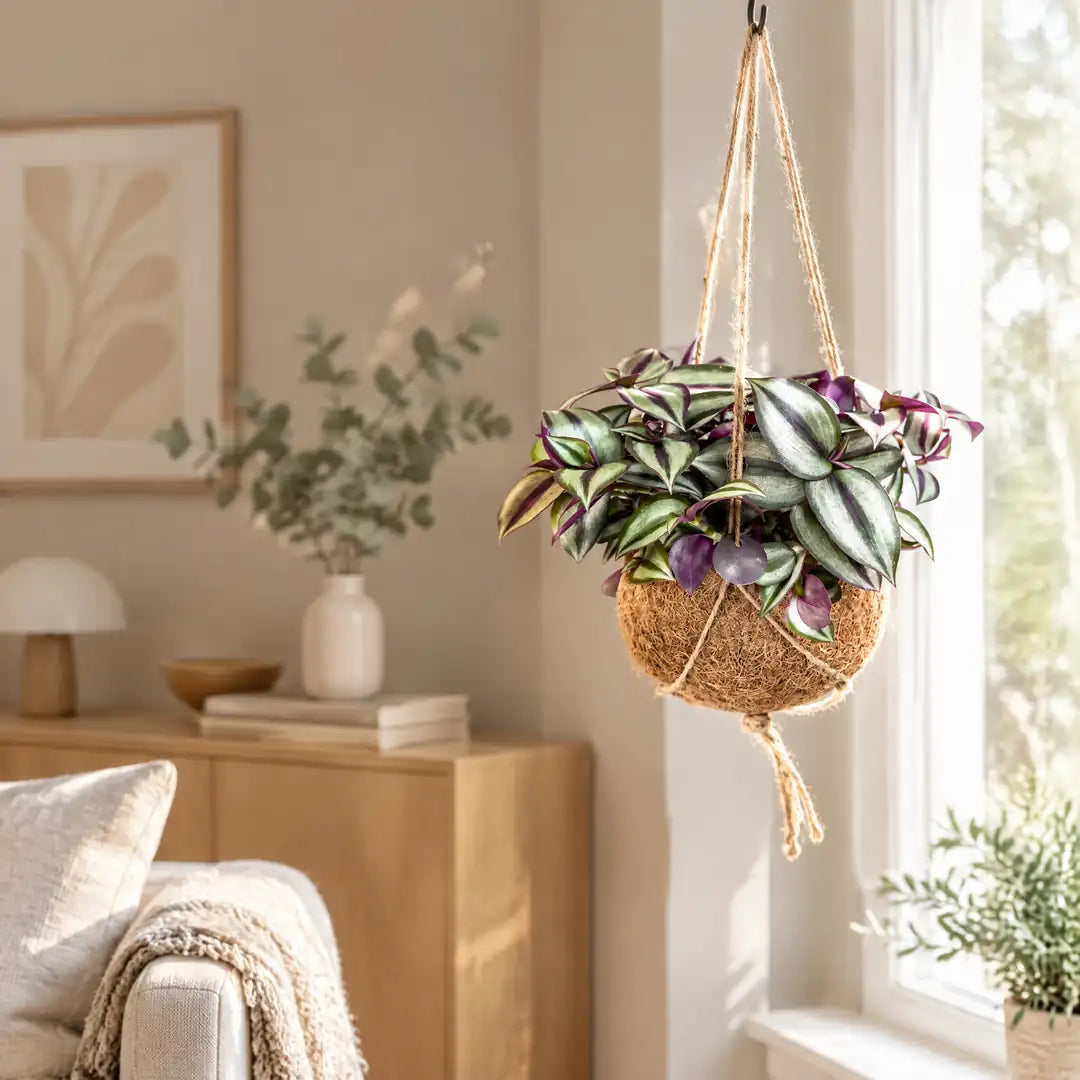 Tradescantia Kokedama hängend in der Kokosfaser-Kugel im hellen Wohnzimmer