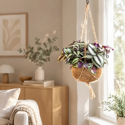 Tradescantia Kokedama hängend in der Kokosfaser-Kugel im hellen Wohnzimmer