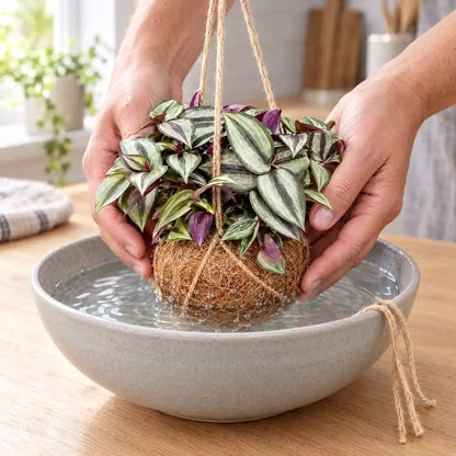 Hände tauchen die Kokedama-Kugel ins Wasserbad