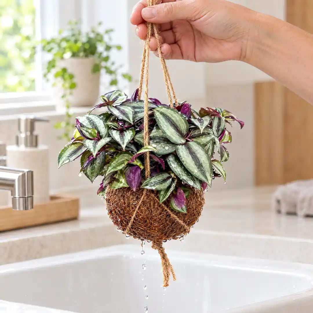 Kokedama tropft nach dem Tauchbad über dem Waschbecken ab