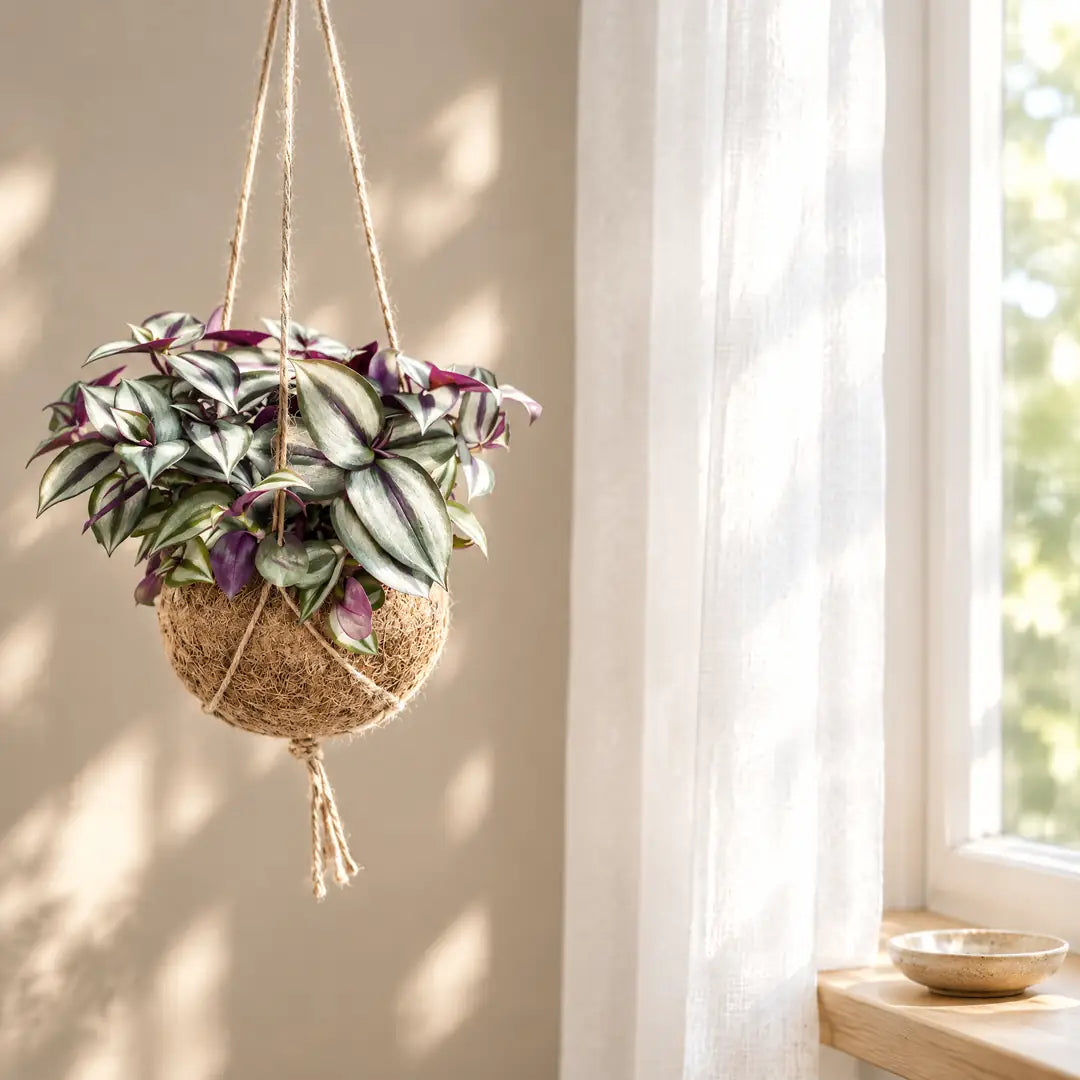 Tradescantia Kokedama hängt am hellen Fenster