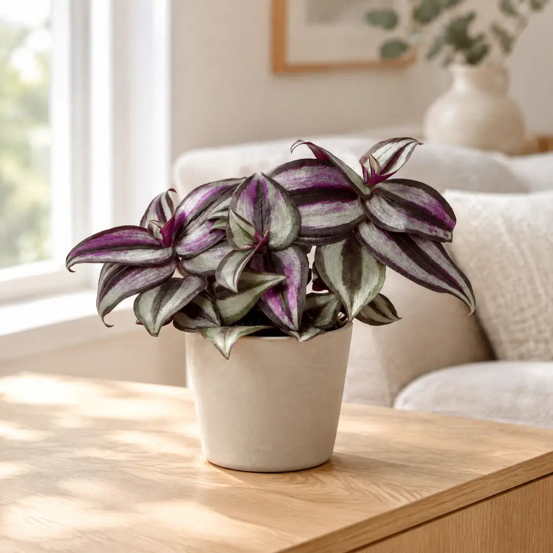 Tradescantia Pink Joy mit violett-silber gestreiften Blättern im beigen Übertopf auf einem Sideboard