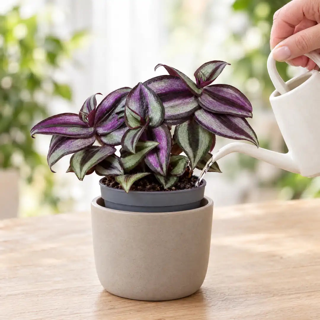 Tradescantia Pink Joy wird mit einer kleinen weißen Gießkanne an der Erde gegossen