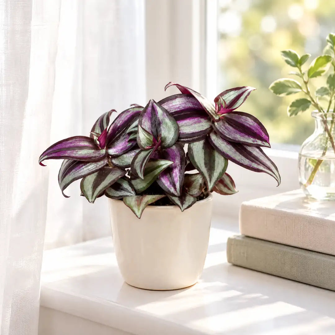 Tradescantia Pink Joy im cremefarbenen Übertopf auf der hellen Fensterbank hinter einer lichten Gardine