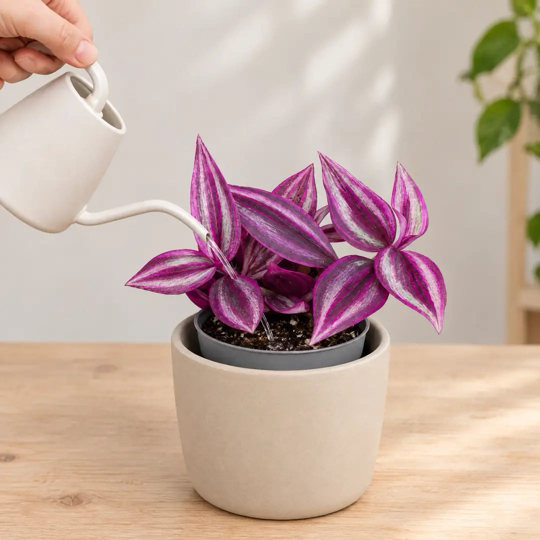 Tradescantia Pink Paradise wird mit einer kleinen weißen Gießkanne an der Erde gegossen