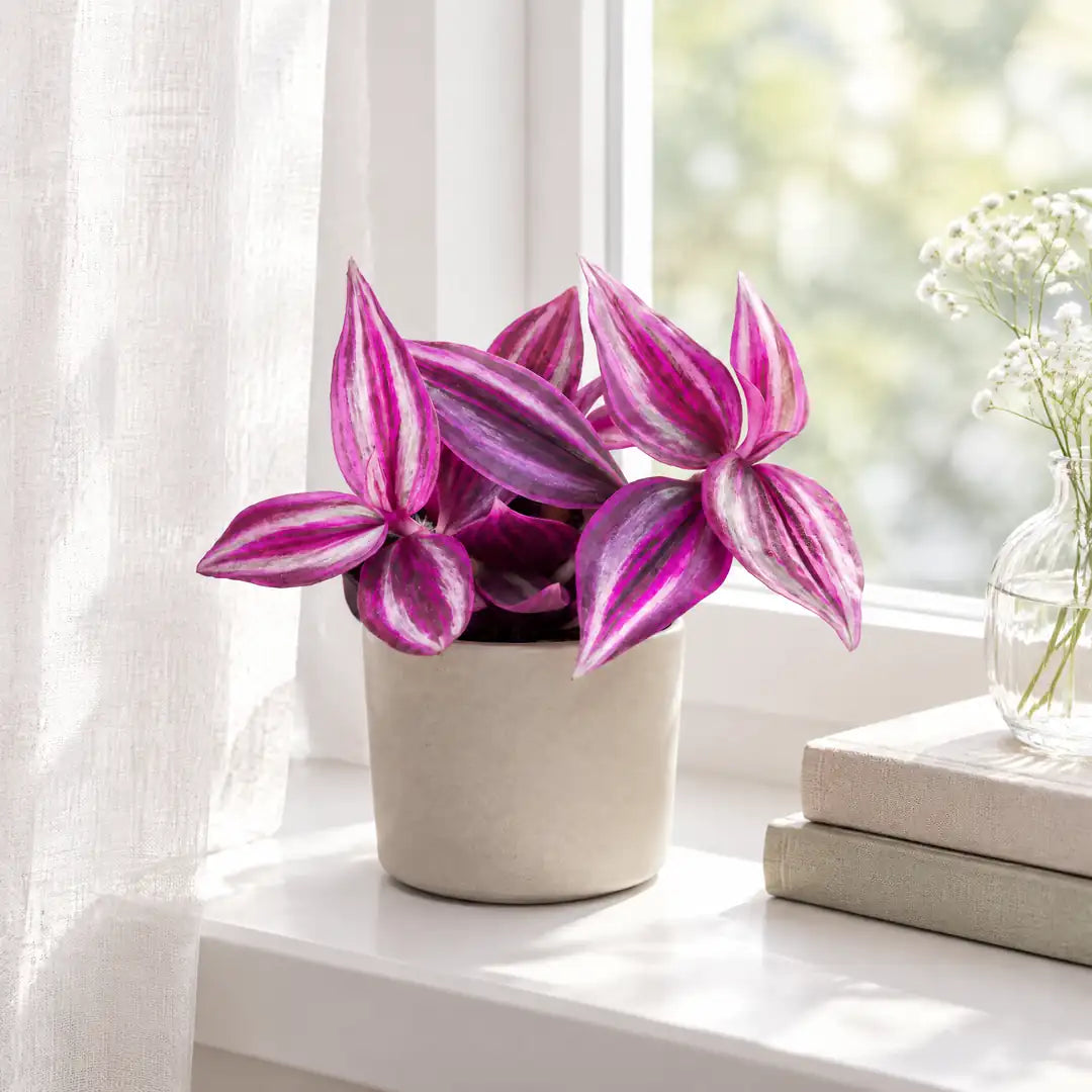 Tradescantia Pink Paradise im hellen Übertopf auf der Fensterbank hinter einer lichten Gardine
