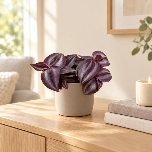 Tradescantia Purple Joy mit violett-silber gestreiften Blättern im greigen Übertopf auf einem Sideboard