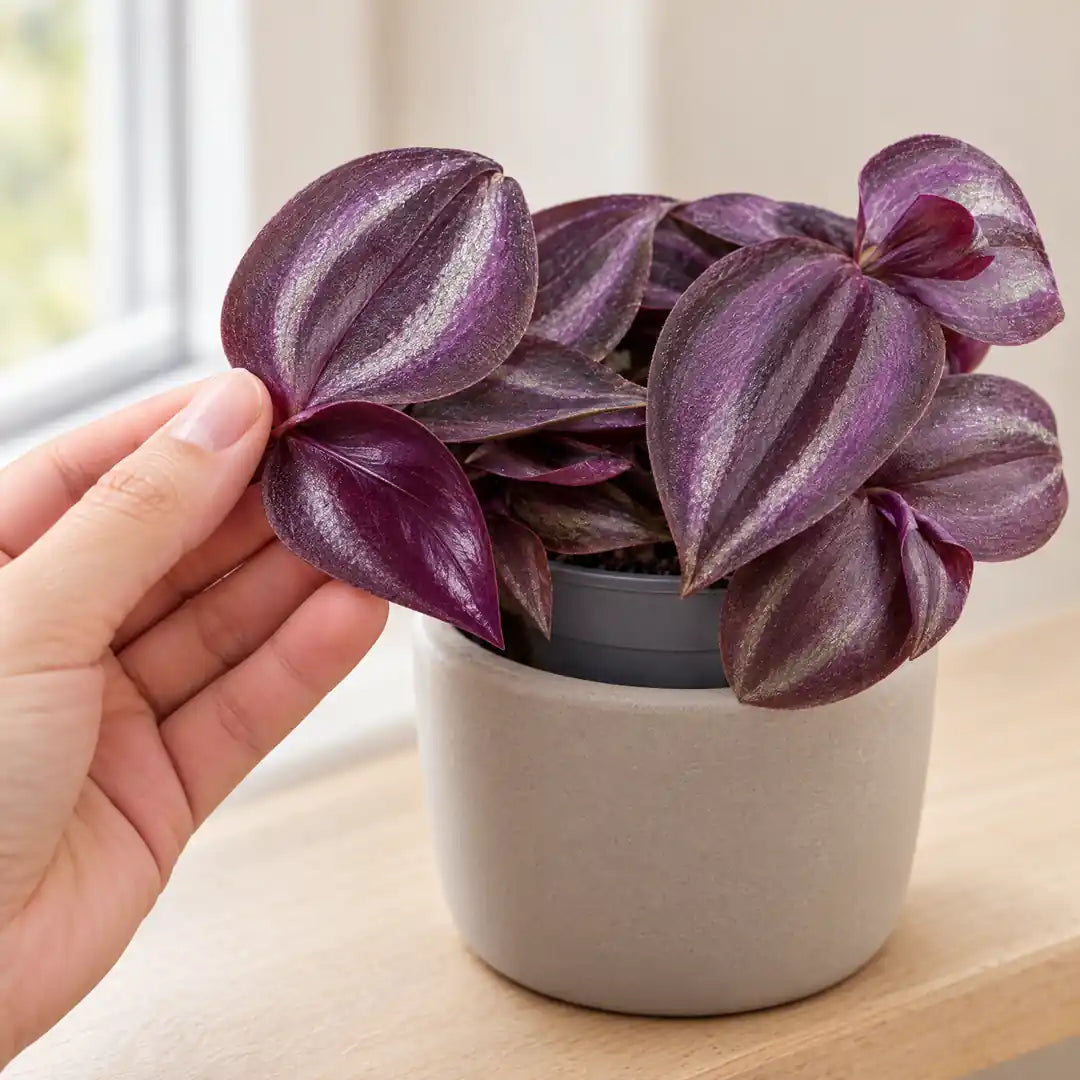 Hand stützt ein Blatt der Tradescantia Purple Joy und zeigt die dunkelviolette Unterseite