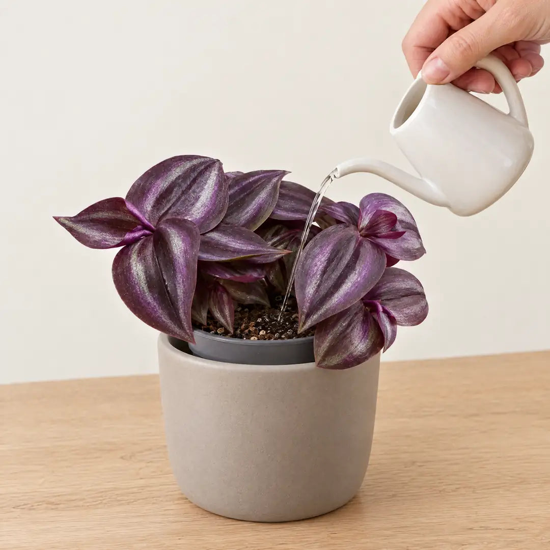 Tradescantia Purple Joy wird mit einer kleinen weißen Gießkanne an der Erde gegossen
