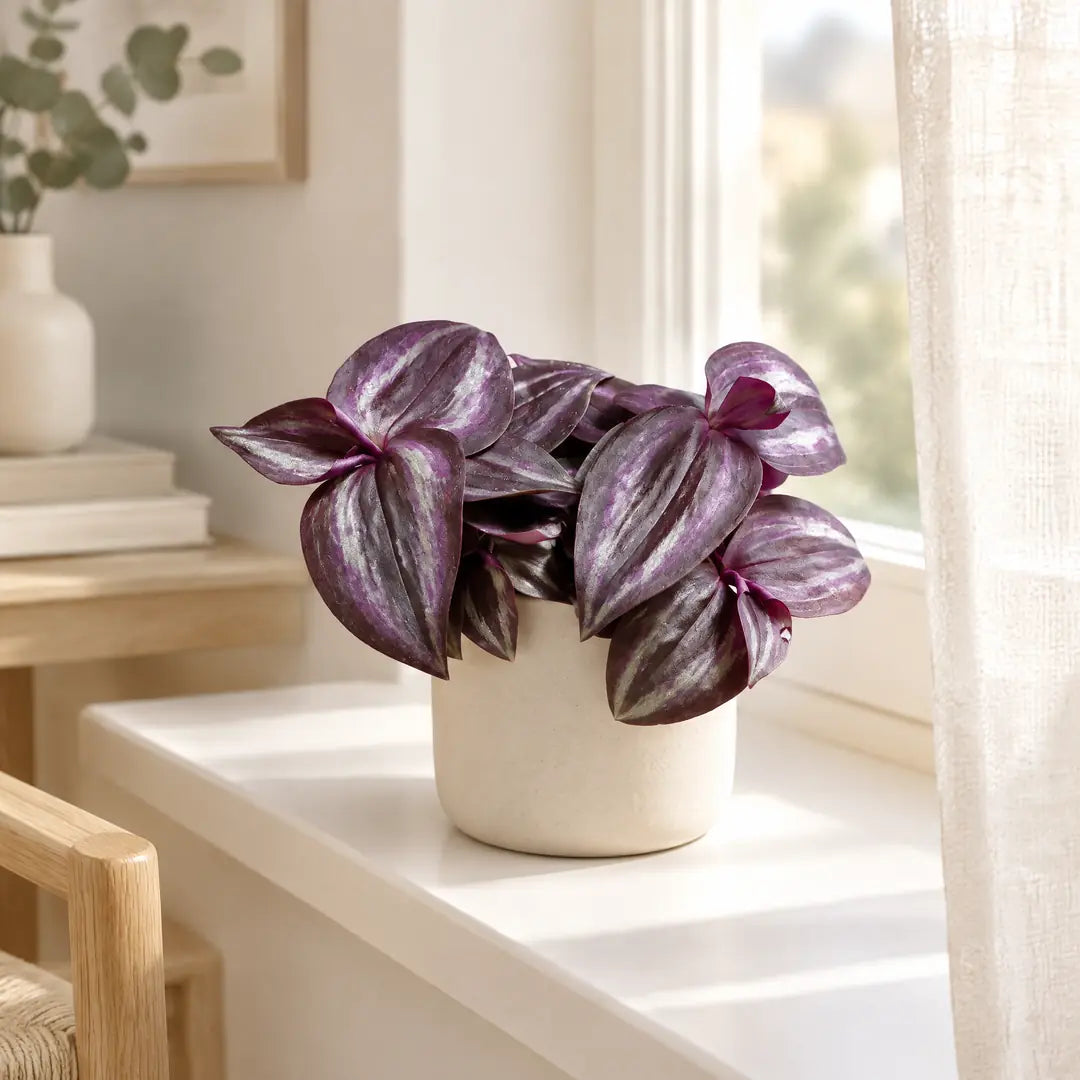 Tradescantia Purple Joy im hellen Übertopf auf der Fensterbank hinter einer lichten Gardine