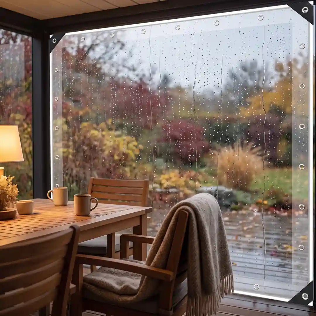 Blick von der trockenen Terrasse durch die klare Plane, draußen läuft Regen an der Außenseite herab