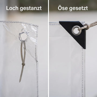 Vergleich: eingerissenes selbst gestanztes Loch in dünner Folie gegenüber gesetzter Metallöse mit Eckverstärkung