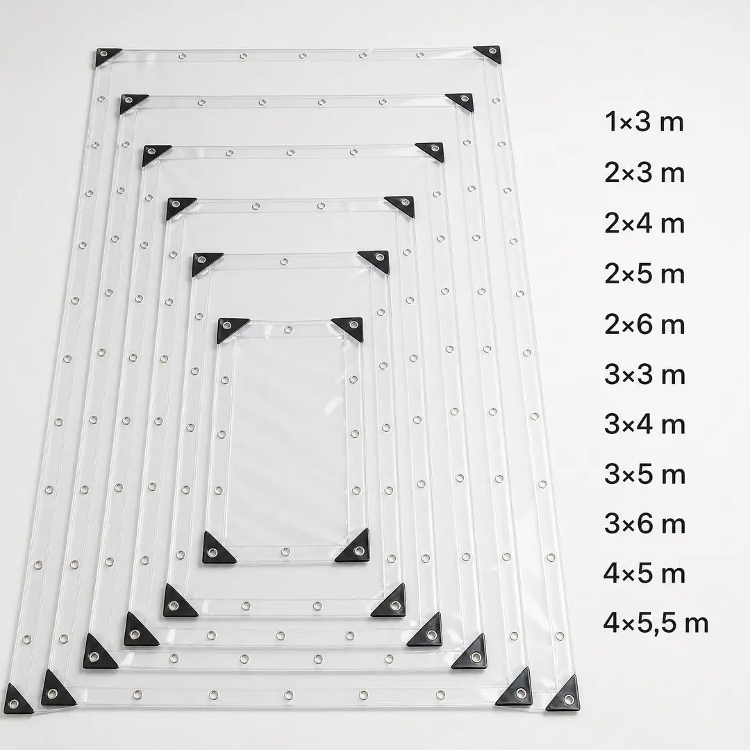 Größenübersicht der transparenten Plane von 1×3 m bis 4×5,5 m