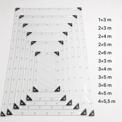 Größenübersicht der transparenten Plane von 1×3 m bis 4×5,5 m