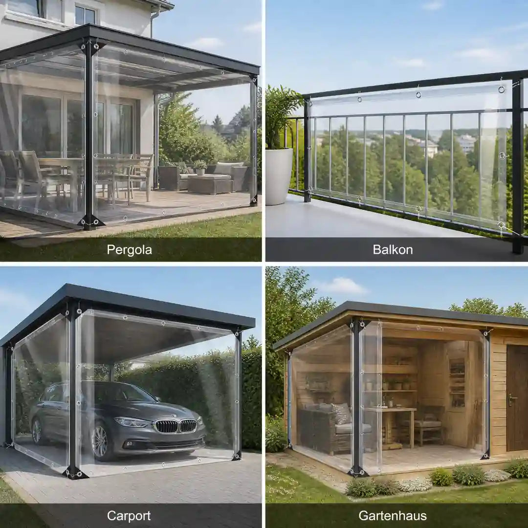 Vier Einsatzorte der transparenten Plane: Pergola, Balkon, Carport und Gartenhaus