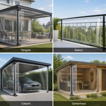 Vier Einsatzorte der transparenten Plane: Pergola, Balkon, Carport und Gartenhaus