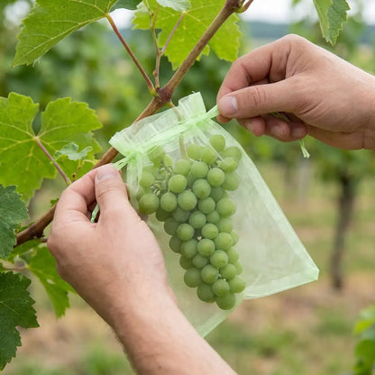 Organza-Beutel wird über eine unreife Weintraube am Rebstock gezogen